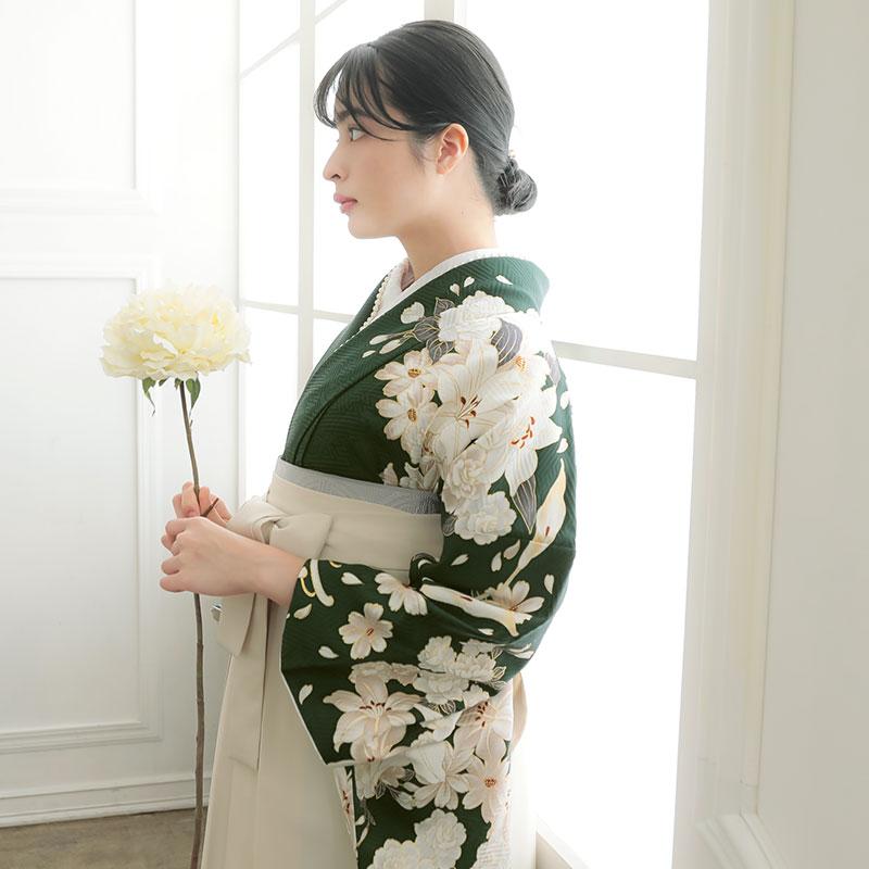 卒業式 袴セット 東京レトロ 深緑 百合に乱菊 レンタル 大学生 振袖袴