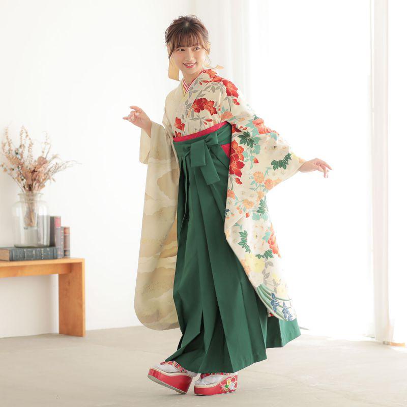 緑色 袴セット 鶴と鷹 卒業式 袴セット 芸艸堂 アイボリー 御所文様雲取り レンタル 大学生