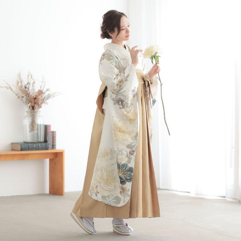 卒業式 袴セット 白 大桜に椿(R2099) レンタル 大学生 振袖袴 RR2075