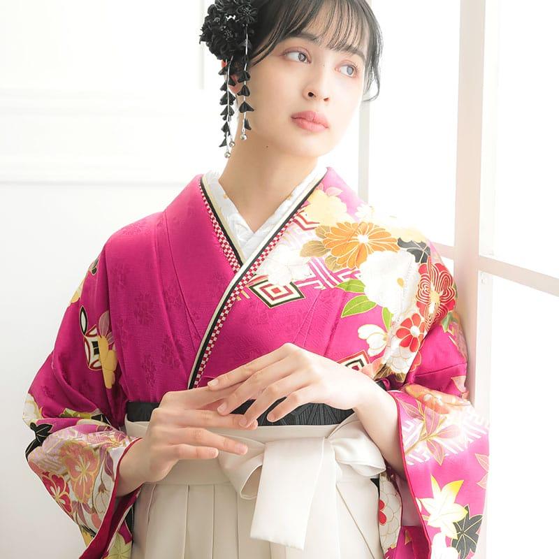 卒業式 袴セット 赤紫×白 毬に桜菊梅松(絹)(R1813) レンタル 大学生 振袖袴 RR2095の画像