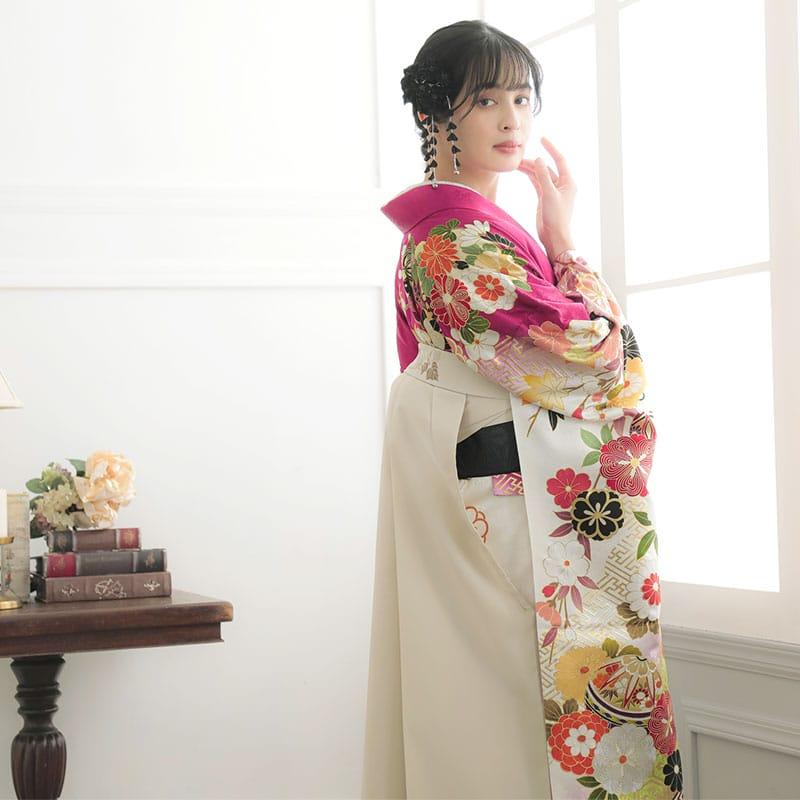 卒業式 袴セット 赤紫×白 毬に桜菊梅松(絹)(R1813) レンタル 大学生 振袖袴 RR2095の画像