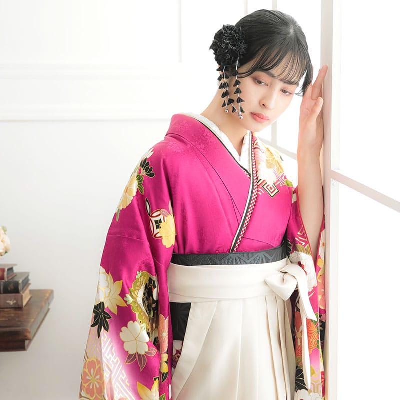 卒業式 袴セット 赤紫×白 毬に桜菊梅松(絹)(R1813) レンタル 大学生 振袖袴 RR2095の画像