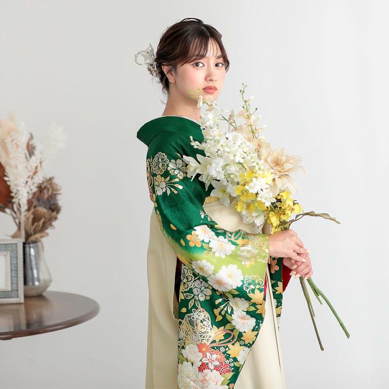 卒業式 袴セット 緑 花薬玉に雪輪 レンタル 大学生 振袖袴 RR2111 
