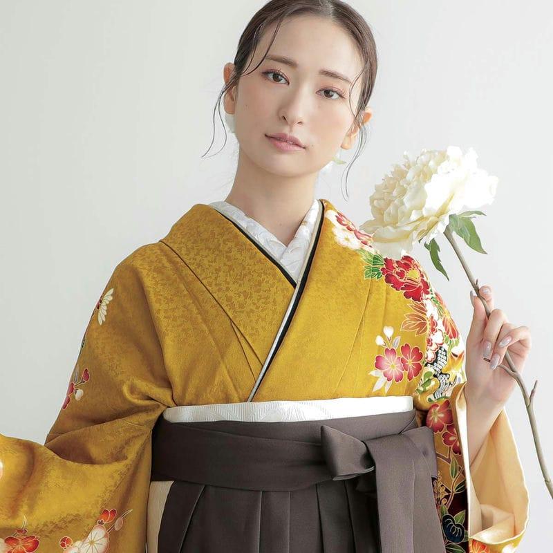 卒業式 袴セット 山吹色 牡丹に花籠 レンタル 大学生 振袖袴 RR2112