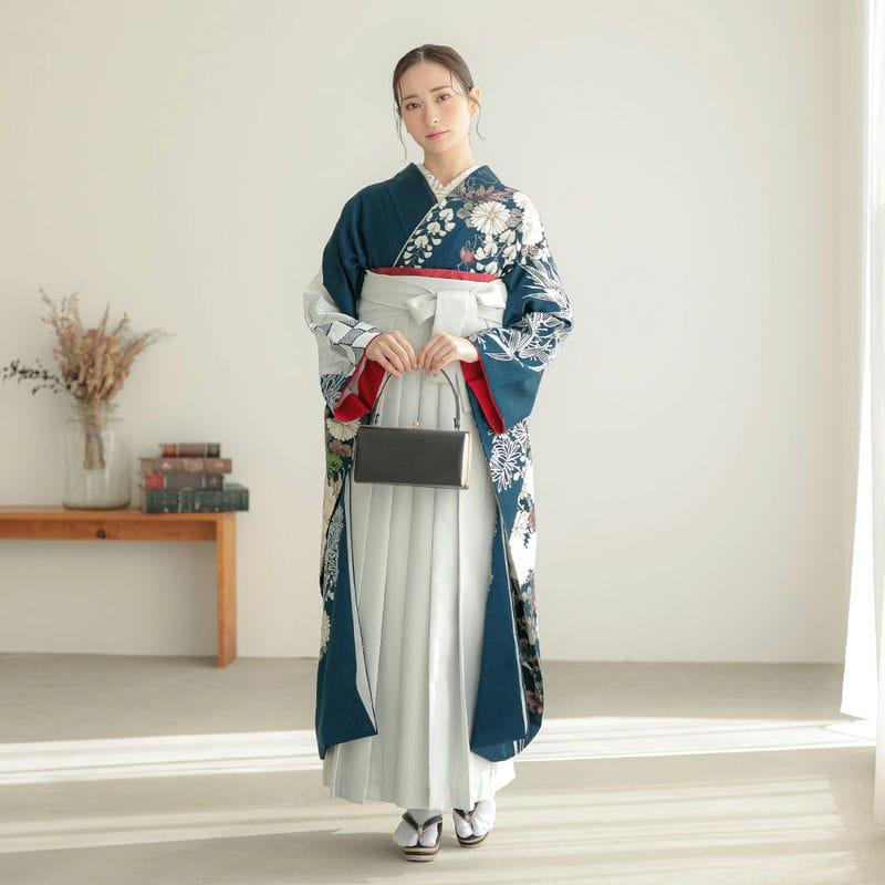 卒業式 袴セット 鉄紺 菊牡丹に笹 レンタル 大学生 振袖袴