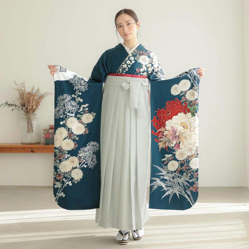 愛　振袖　袴　フルセット　一式 卒業式レンタル 振袖LLサイズ＋袴セット 流水華散し 青｜着物レンタル
