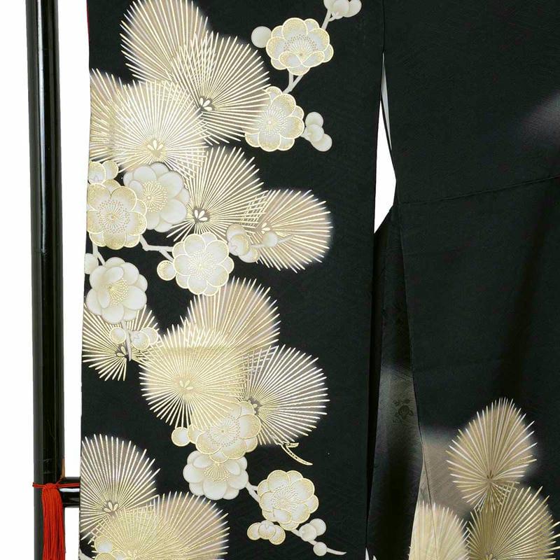 卒業式 袴セット 黒金 鶴に松梅 レンタル 大学生 振袖袴 RR2131 : 京都