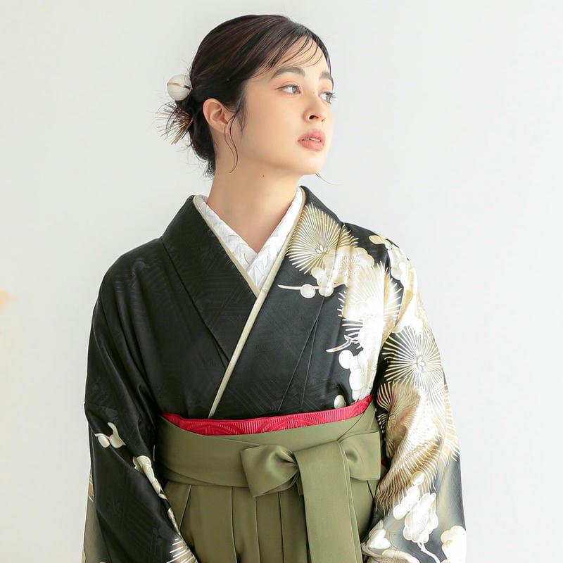 卒業式 袴セット 黒金 鶴に松梅 レンタル 大学生 振袖袴 RR2131 : 京都
