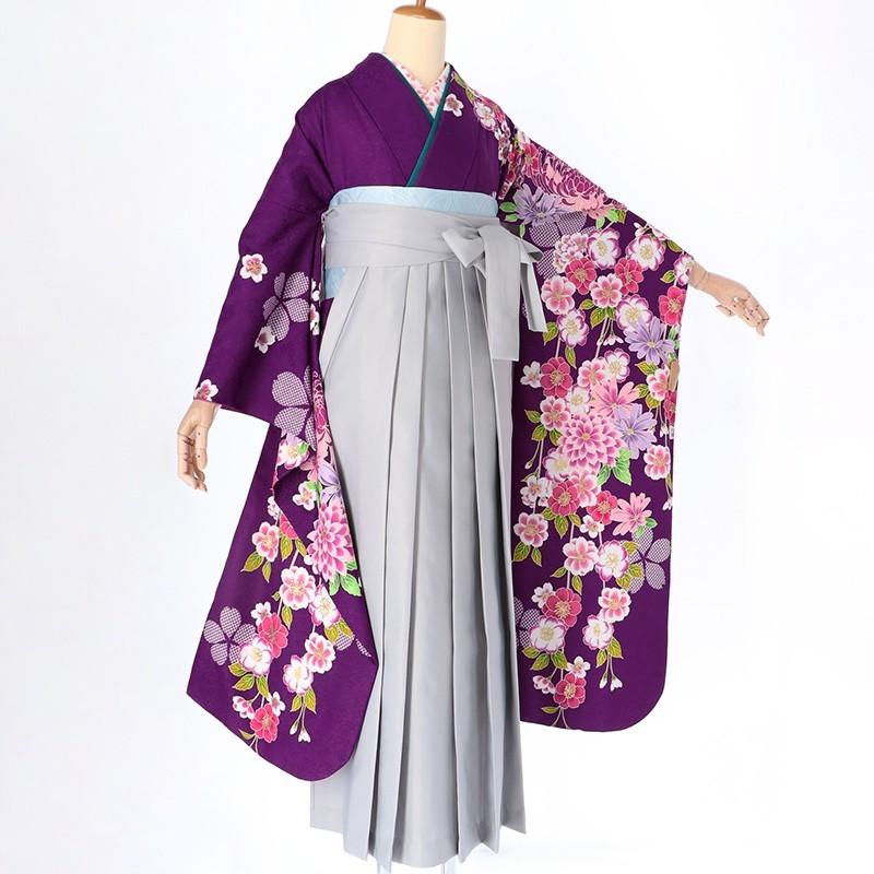 卒業式　袴　Mサイズ　花柄着物と紫スカートのセット 卒業式 袴セット 紫 絞り柄に菊と小花 レンタル 大学生 振袖袴 RR471
