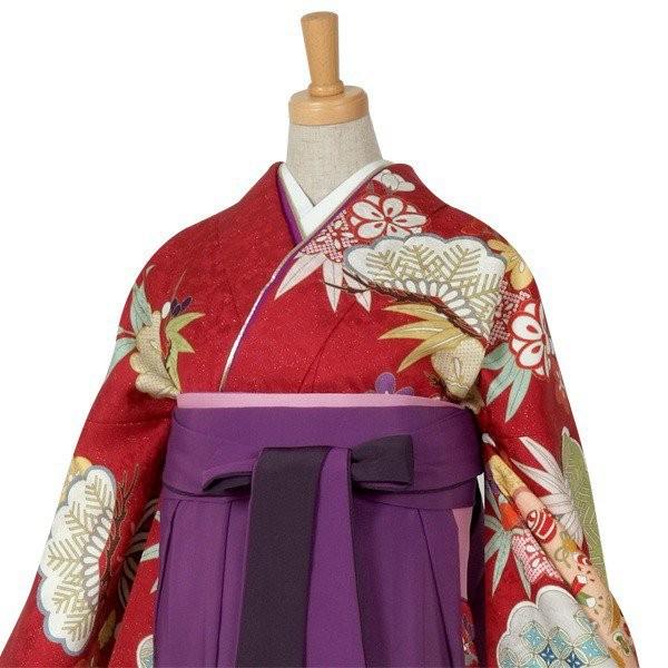 卒業式 袴セット 赤 花笠松に松竹梅(絹)一点物 レンタル 大学生 振袖袴 RR482の画像