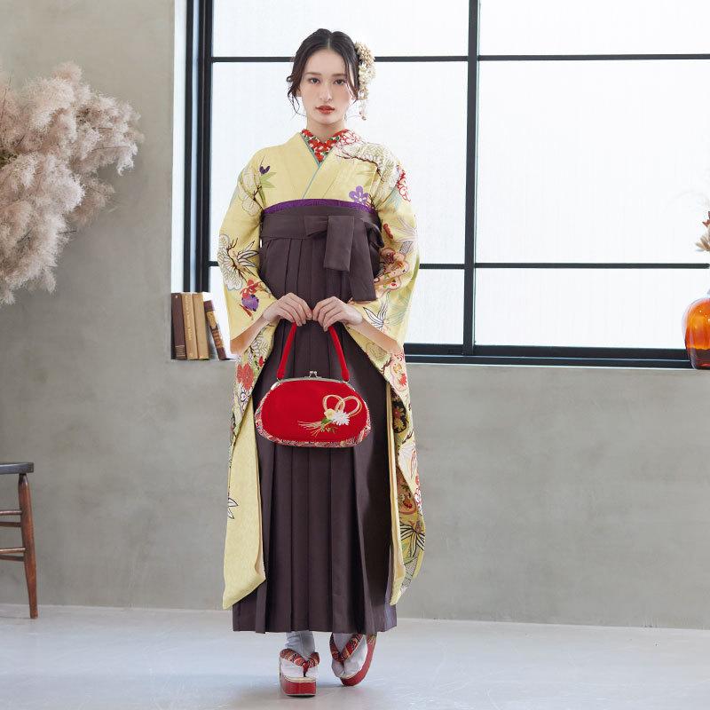 卒業式 袴セット 黄 花笠松に松竹梅(絹)一点物 レンタル 大学生 振袖袴 RR486の画像
