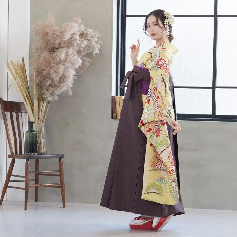 卒業式 袴セット 黄 花笠松に松竹梅(絹)一点物 レンタル 大学生 振袖袴 RR486の画像