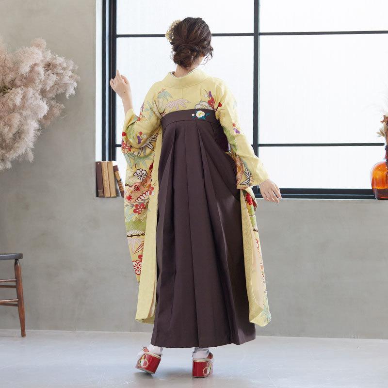 卒業式 袴セット 黄 花笠松に松竹梅(絹)一点物 レンタル 大学生 振袖袴 RR486の画像