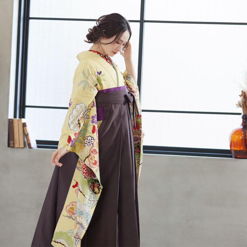 卒業式 袴セット 黄 花笠松に松竹梅(絹)一点物 レンタル 大学生 振袖袴 RR486の画像