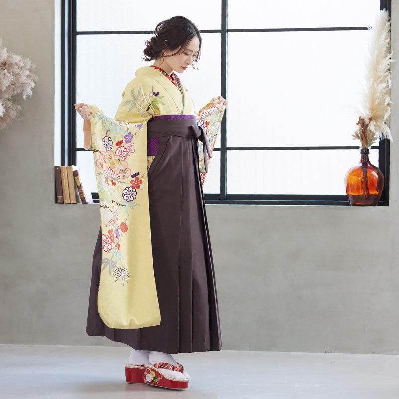 卒業式 袴セット 黄 花笠松に松竹梅(絹)一点物 レンタル 大学生 振袖袴 RR486の画像