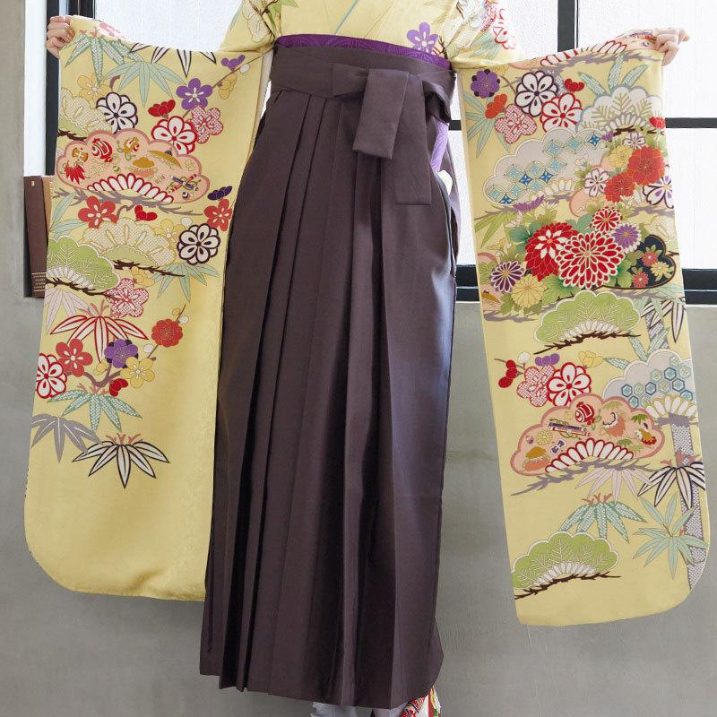 卒業式 袴セット 黄 花笠松に松竹梅(絹)一点物 レンタル 大学生 振袖袴 RR486の画像