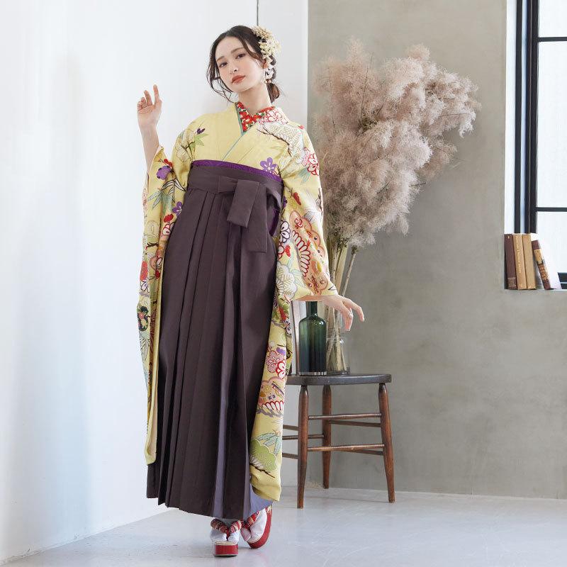 卒業式 袴セット 黄 花笠松に松竹梅(絹)一点物 レンタル 大学生 振袖袴 RR486の画像