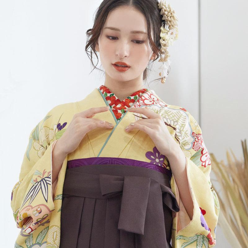卒業式 袴セット 黄 花笠松に松竹梅(絹)一点物 レンタル 大学生 振袖袴 RR486の画像