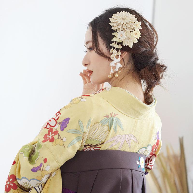 卒業式 袴セット 黄 花笠松に松竹梅(絹)一点物 レンタル 大学生 振袖袴 RR486の画像