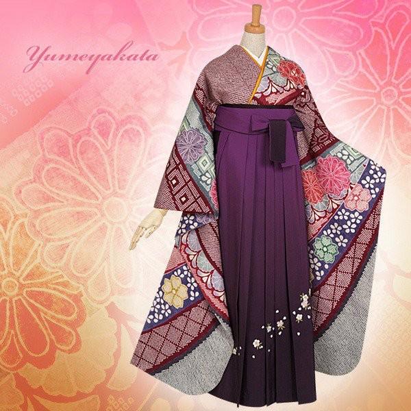 卒業式 袴セット エンジ色 菊に熨斗文様(絹) レンタル 大学生 振袖袴 RR701