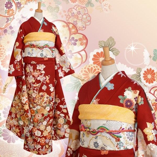 振袖 レンタル 成人式 結婚式 訳あり商品 安い エンジ 吉祥文(絹)12月〜1月利用 対応身長149〜168cm RS053の画像