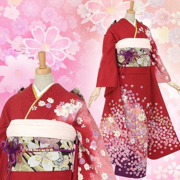 振袖 レンタル 成人式 結婚式 赤 桜吹雪(絹) 一点物 12月〜1月利用 対応身長147〜154cm RS054の画像