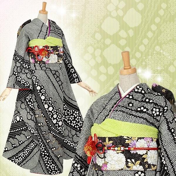 振袖 レンタル 成人式 結婚式 訳あり商品 安い 黒 総絞り(絹)12月〜1月利用 対応身長154〜165cm RS091の画像