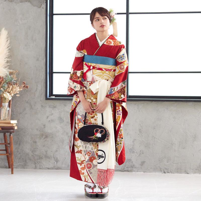 振袖 レンタル 成人式 結婚式 赤 熨斗柄伝統文様(絹) 一点物12月〜1月