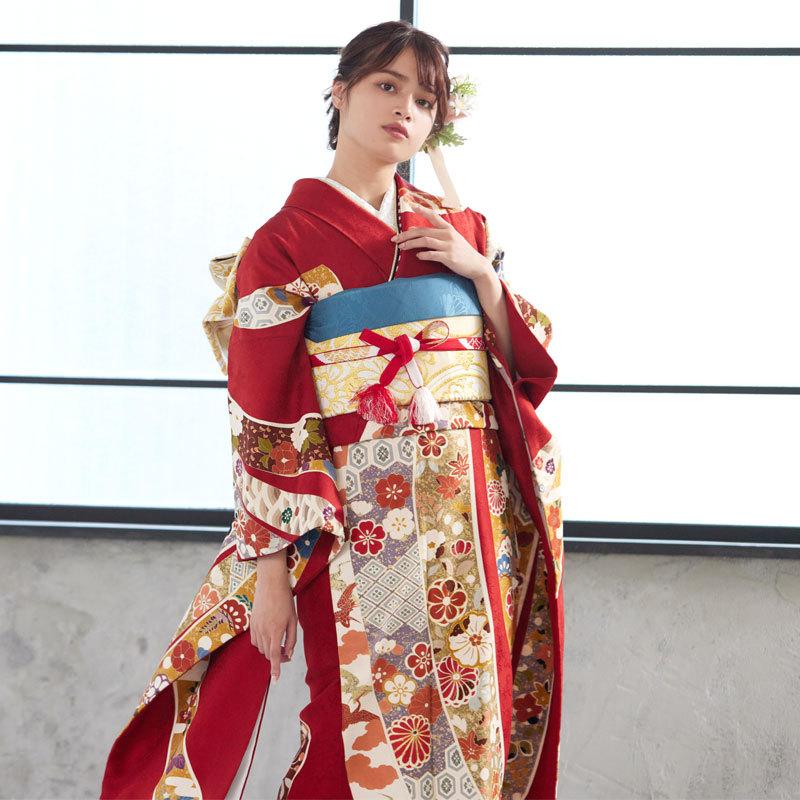 振袖 レンタル 成人式 結婚式 赤 熨斗柄伝統文様(絹) 一点物12月〜1月