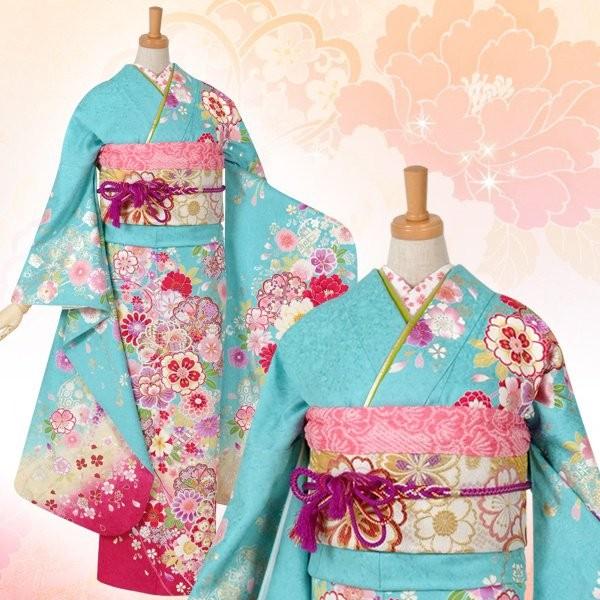 振袖 レンタル 成人式 結婚式 水色 枝垂桜に花くす玉(絹)(w)12月〜1月利用 対応身長150〜160cm RS1002の画像