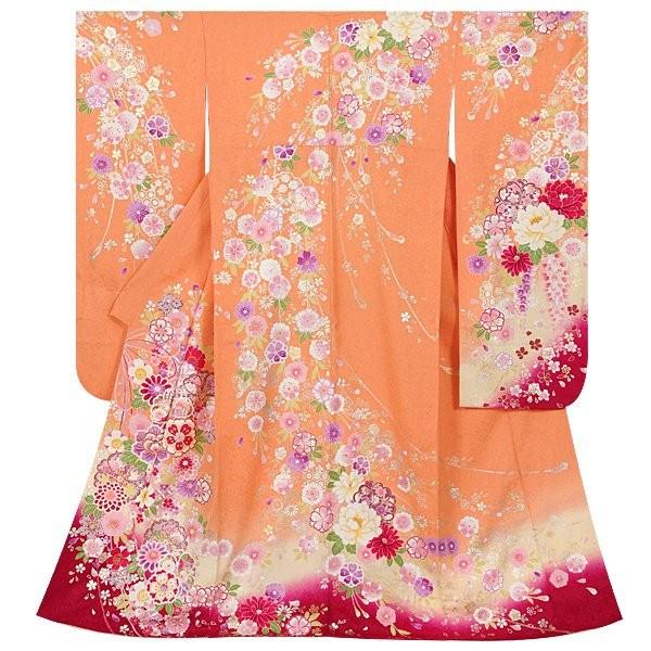 振袖 レンタル 成人式 結婚式 オレンジ 枝垂桜に花くす玉(絹)(w)12月〜1月利用 対応身長150〜160cm RS1003の画像