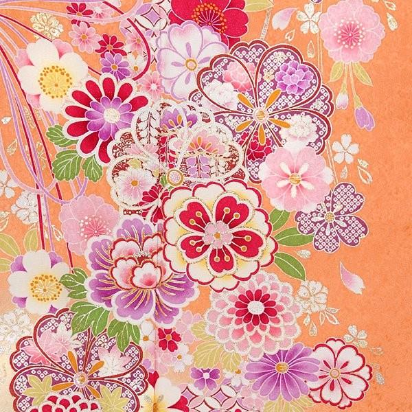 振袖 レンタル 成人式 結婚式 オレンジ 枝垂桜に花くす玉(絹)(w)12月〜1月利用 対応身長150〜160cm RS1003の画像