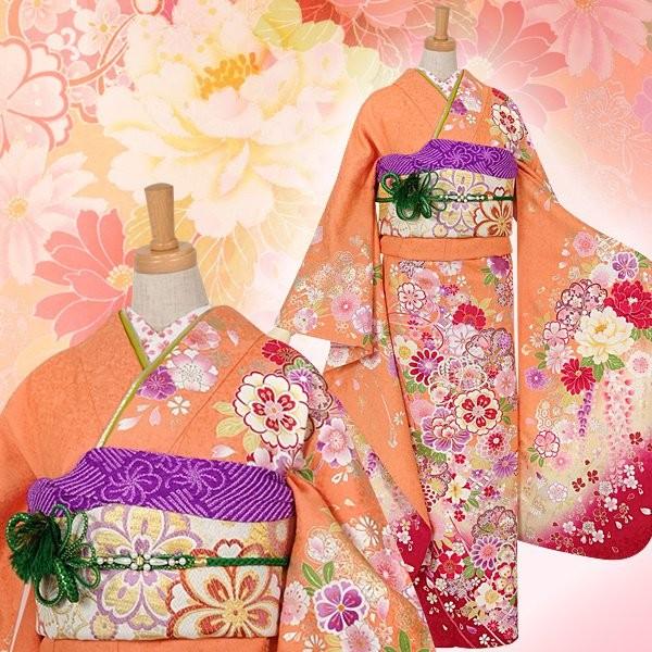振袖 レンタル 成人式 結婚式 オレンジ 枝垂桜に花くす玉(絹)(w)12月〜1月利用 対応身長150〜160cm RS1003の画像