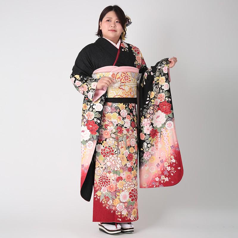 振袖 レンタル 成人式 結婚式 黒 桜菊花に御所車(絹)(w)12月〜1月利用