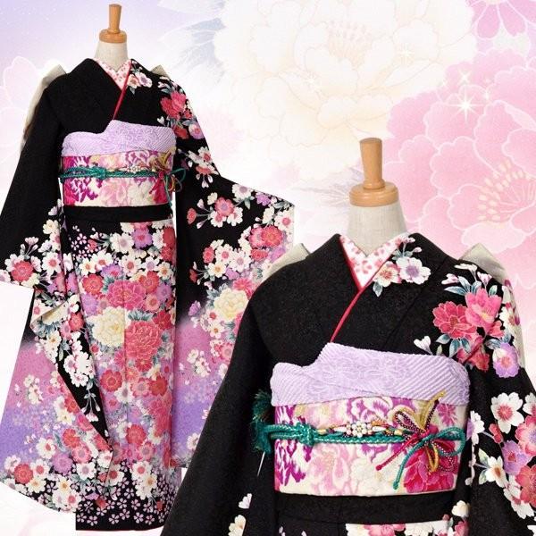 振袖 レンタル 成人式 結婚式 黒 枝垂桜と牡丹(絹)(宅)12月〜1月利用 対応身長154〜165cm RS1007の画像