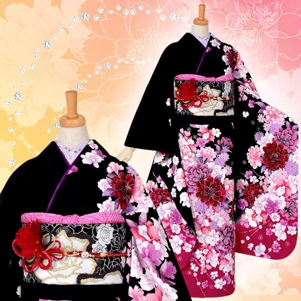 振袖 レンタル 成人式 結婚式 黒 牡丹とカトレア(絹)(宅) 一点物 12月〜1月利用 対応身長154〜165cm RS1011の画像