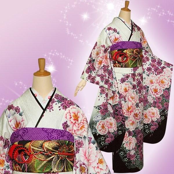 振袖 レンタル 成人式 結婚式 白 枝垂桜に牡丹(絹)(宅) 一点物 12月〜1月利用 対応身長154〜165cm RS1014の画像