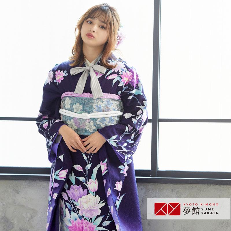 振袖 レンタル 成人式 結婚式 紺 ダリアとカラー(絹)(宅)12月〜1月利用 対応身長154〜165cm RS1017