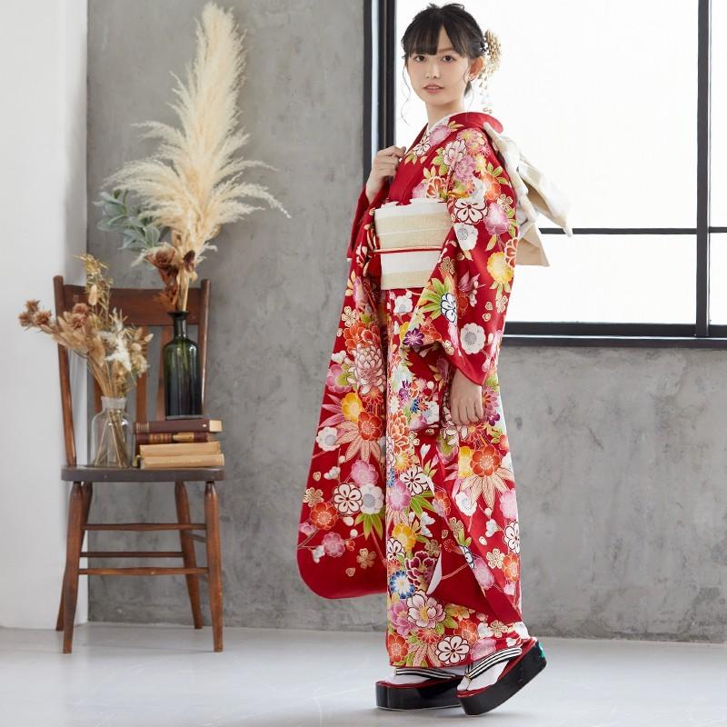 振袖 レンタル 成人式 結婚式 赤 花紋に花くす玉12月〜1月利用