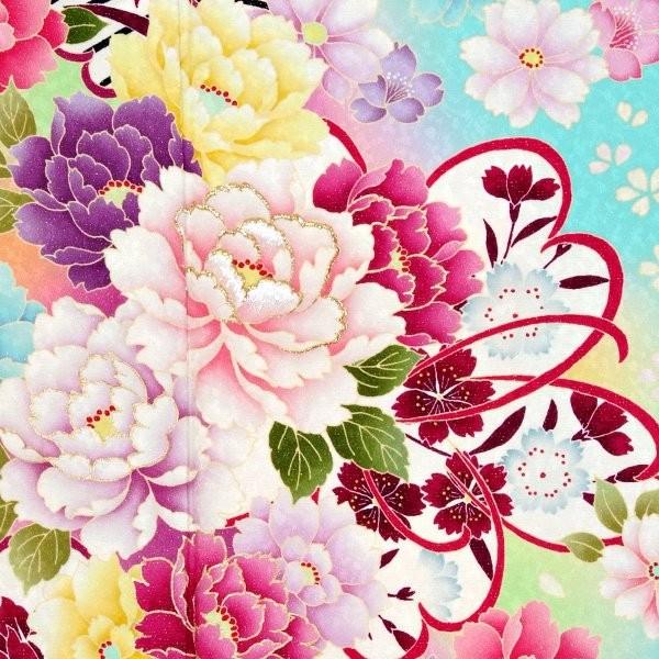 振袖 レンタル 成人式 結婚式 水色 彩色牡丹(絹) 一点物 12月〜1月利用 対応身長154〜165cm RS1024の画像
