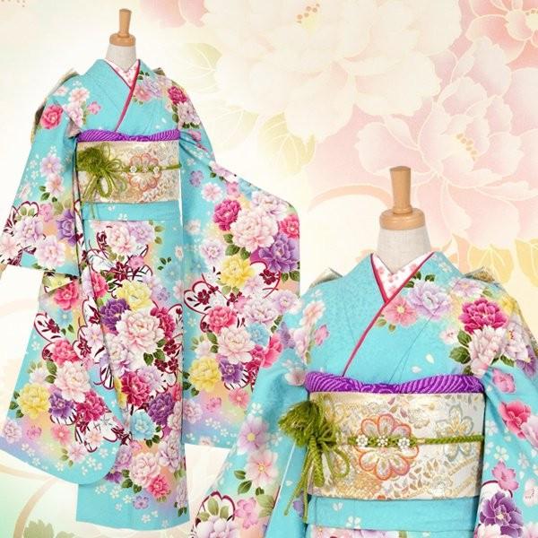振袖 レンタル 成人式 結婚式 水色 彩色牡丹(絹) 一点物 12月〜1月利用 対応身長154〜165cm RS1024の画像