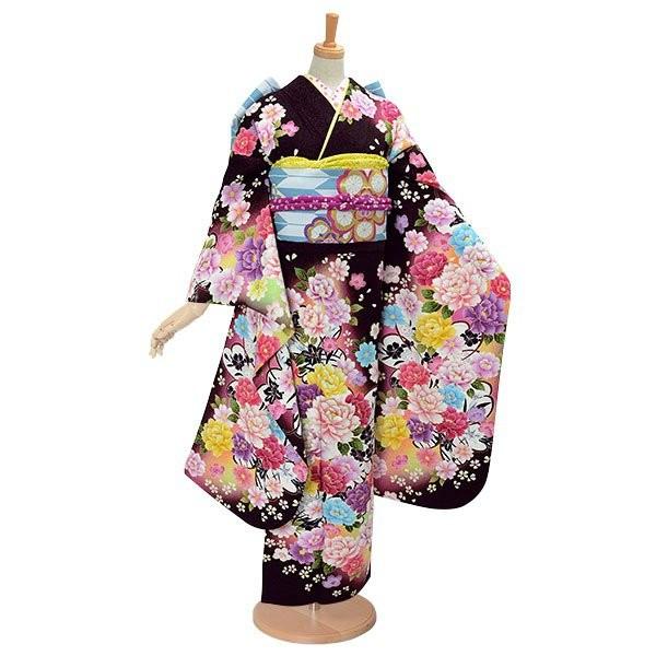 振袖 レンタル 成人式 結婚式 茶 彩色牡丹(絹)12月〜1月利用 対応身長154〜165cm RS1028の画像