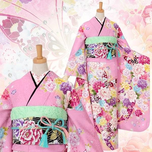 振袖 レンタル 成人式 結婚式 ピンク 牡丹と蝶に熨斗(絹) 一点物 12月〜1月利用 対応身長154〜165cm RS1029の画像