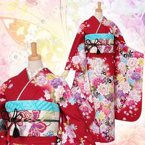 振袖 レンタル 成人式 結婚式 赤 牡丹と蝶に熨斗(絹)(宅) 一点物 12月〜1月利用 対応身長154〜165cm RS1030の画像