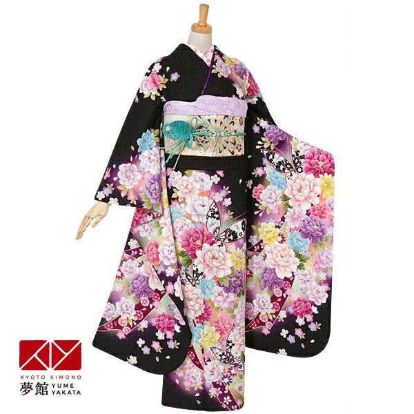振袖 レンタル 成人式 結婚式 黒 牡丹と蝶に熨斗(絹)12月〜1月利用 対応身長154〜165cm RS1032