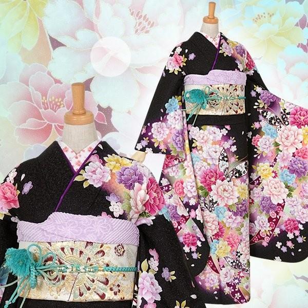 振袖 レンタル 成人式 結婚式 黒 牡丹と蝶に熨斗(絹)12月〜1月利用 対応身長154〜165cm RS1032の画像