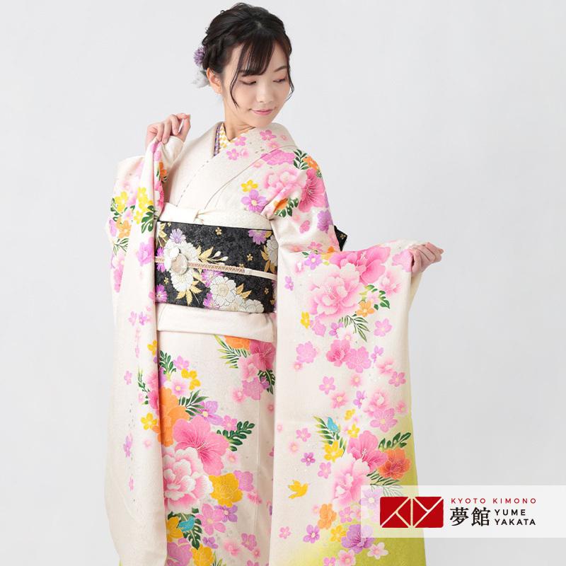 振袖 レンタル 成人式 結婚式 白 ハイビスカス(絹)(宅) 一点物 12月〜1