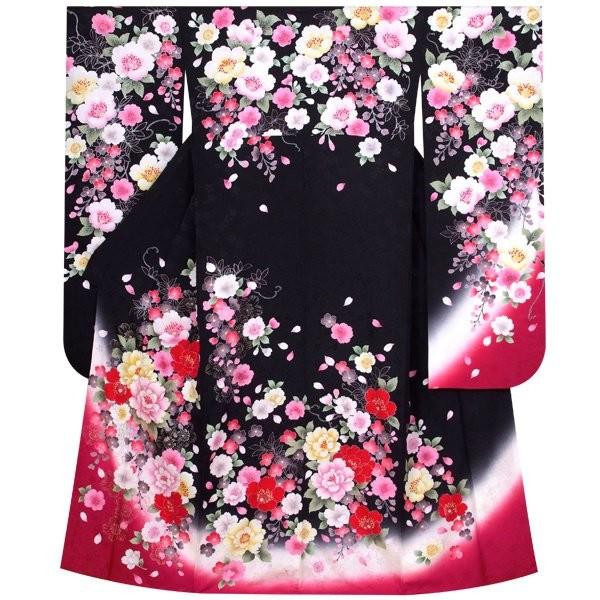 振袖 レンタル 成人式 結婚式 黒 桜にハマナス(絹) 一点物 12月〜1月利用 対応身長154〜165cm RS1036の画像