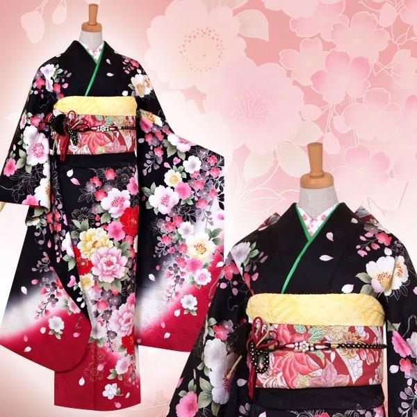振袖 レンタル 成人式 結婚式 黒 桜にハマナス(絹) 一点物 12月〜1月利用 対応身長154〜165cm RS1036の画像