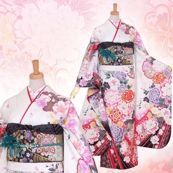 振袖 レンタル 成人式 結婚式 白 雪輪に牡丹(絹) 一点物 12月〜1月利用 対応身長155〜159cm RS1037の画像